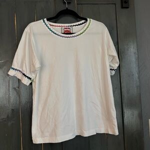 Johnny Was White Tee with Multicolor Embroidered Trim M